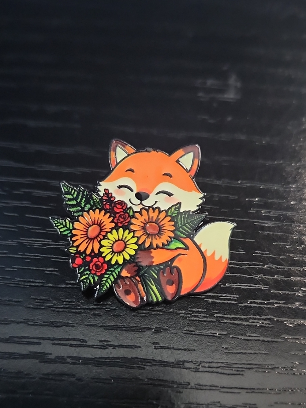 Cute Orange Fox Enamel Pin with Floral Bouquet - Accessory